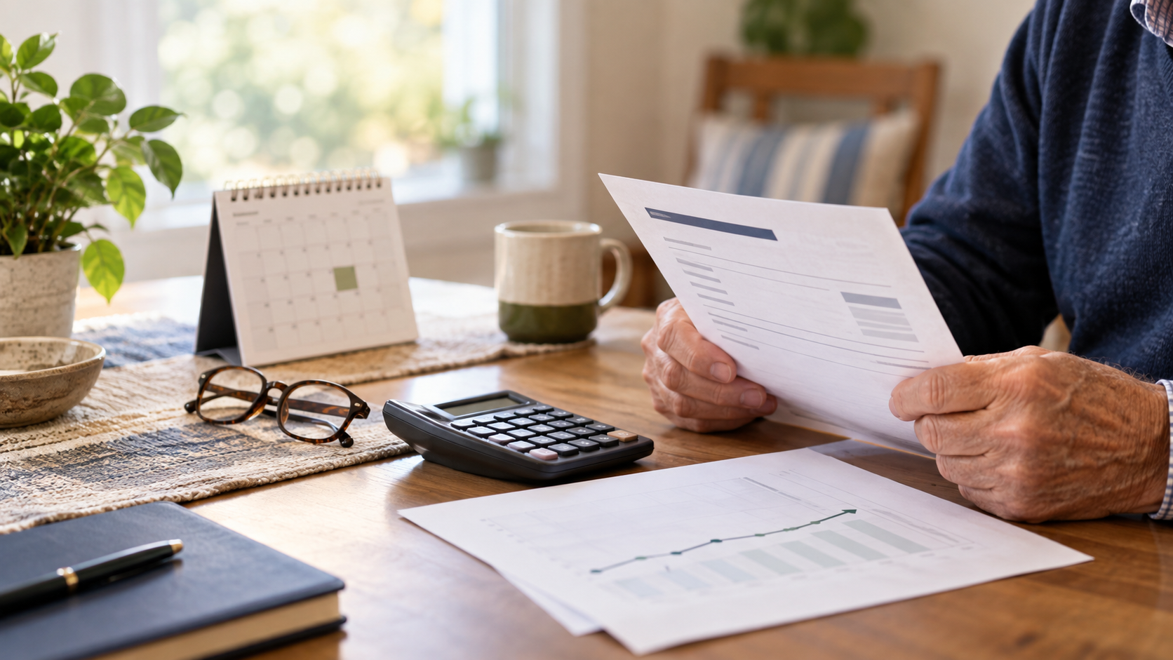 Older adult reviewing a benefit statement with calculator and October calendar