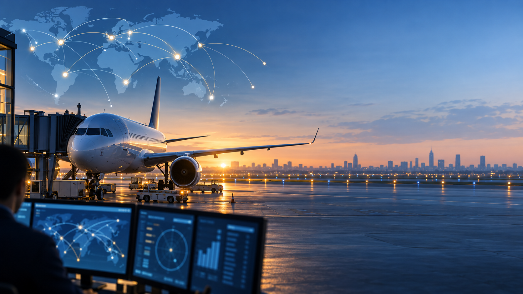 Generic passenger aircraft and route network illustration for an airline capacity analysis