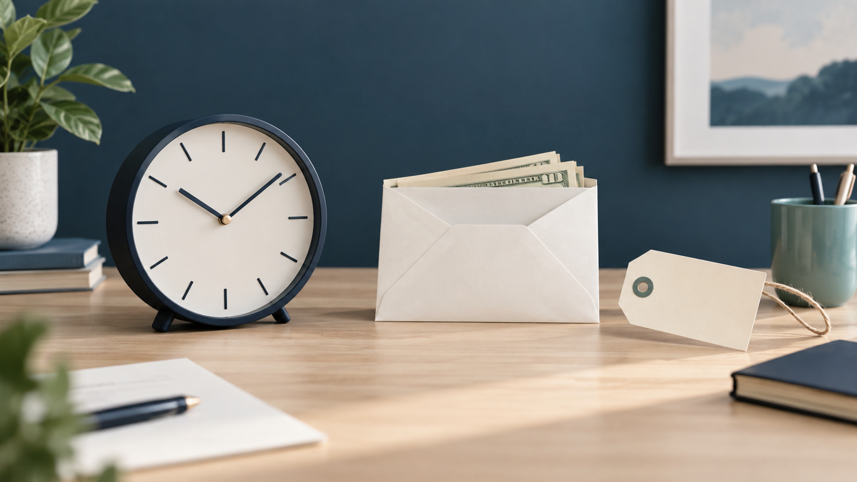 Clock, pay envelope, and price tag illustrating hourly versus weekly real earnings