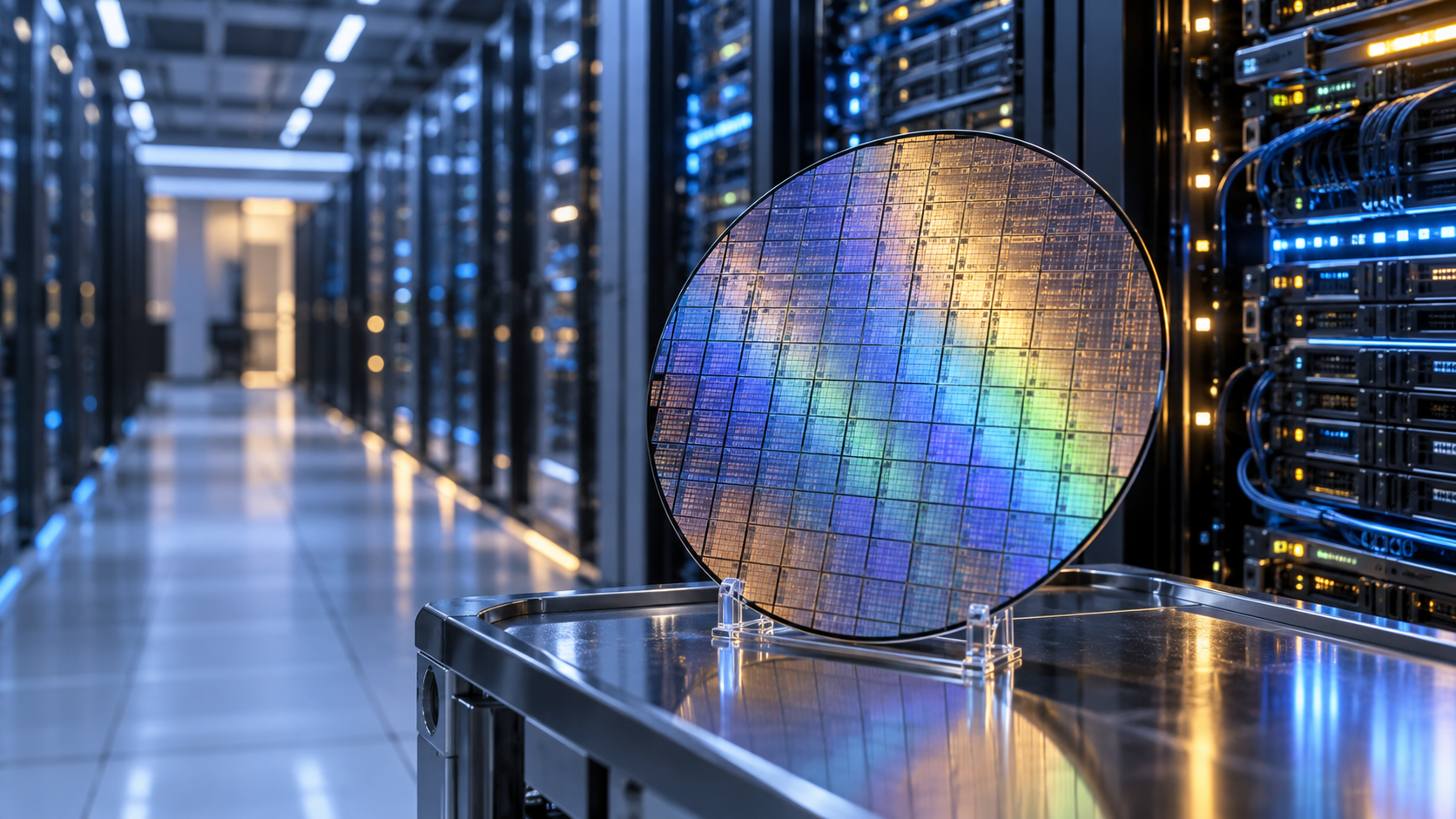 Semiconductor wafer in a data center illustrating AI memory infrastructure