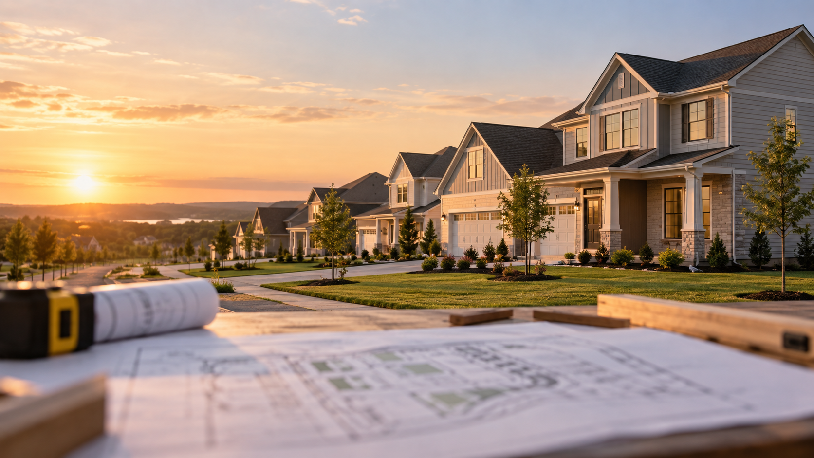 Newly built suburban homes and site plans illustrating KB Home earnings and the U.S. housing market