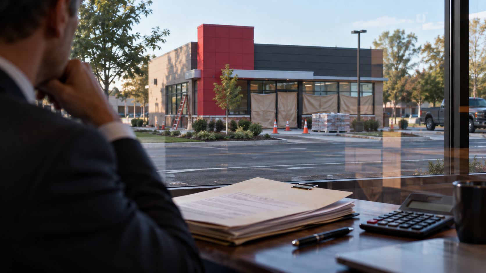 Generic fast-food restaurant exterior with financial documents and a calculator on a table