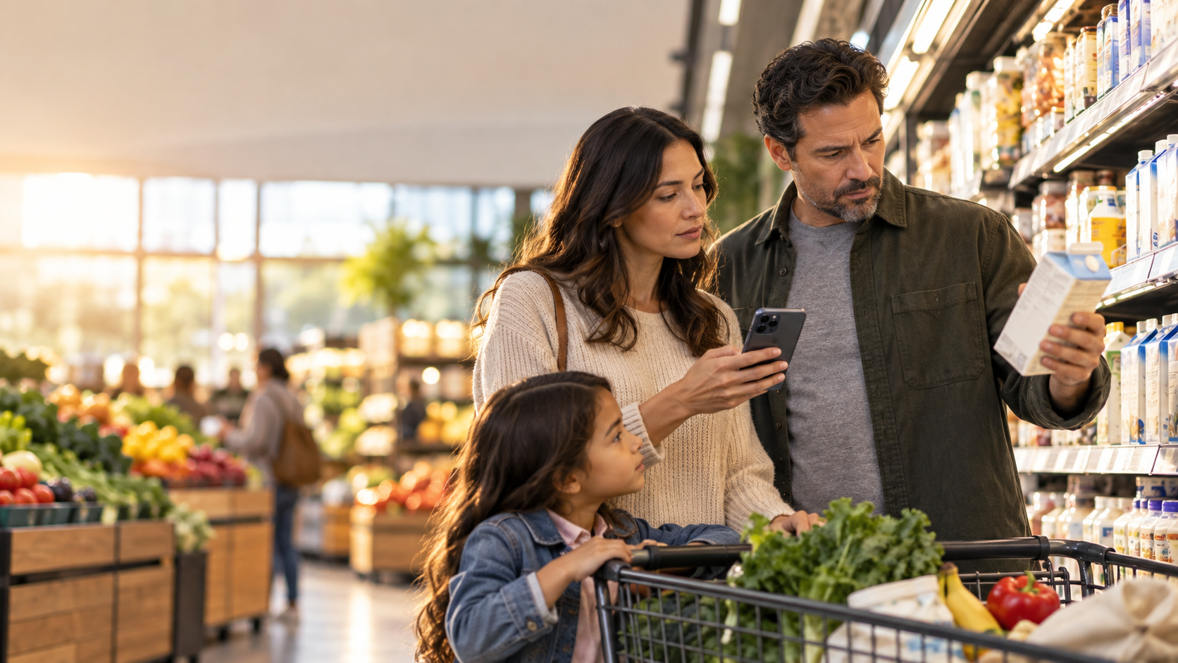 Family comparing grocery prices in a supermarket