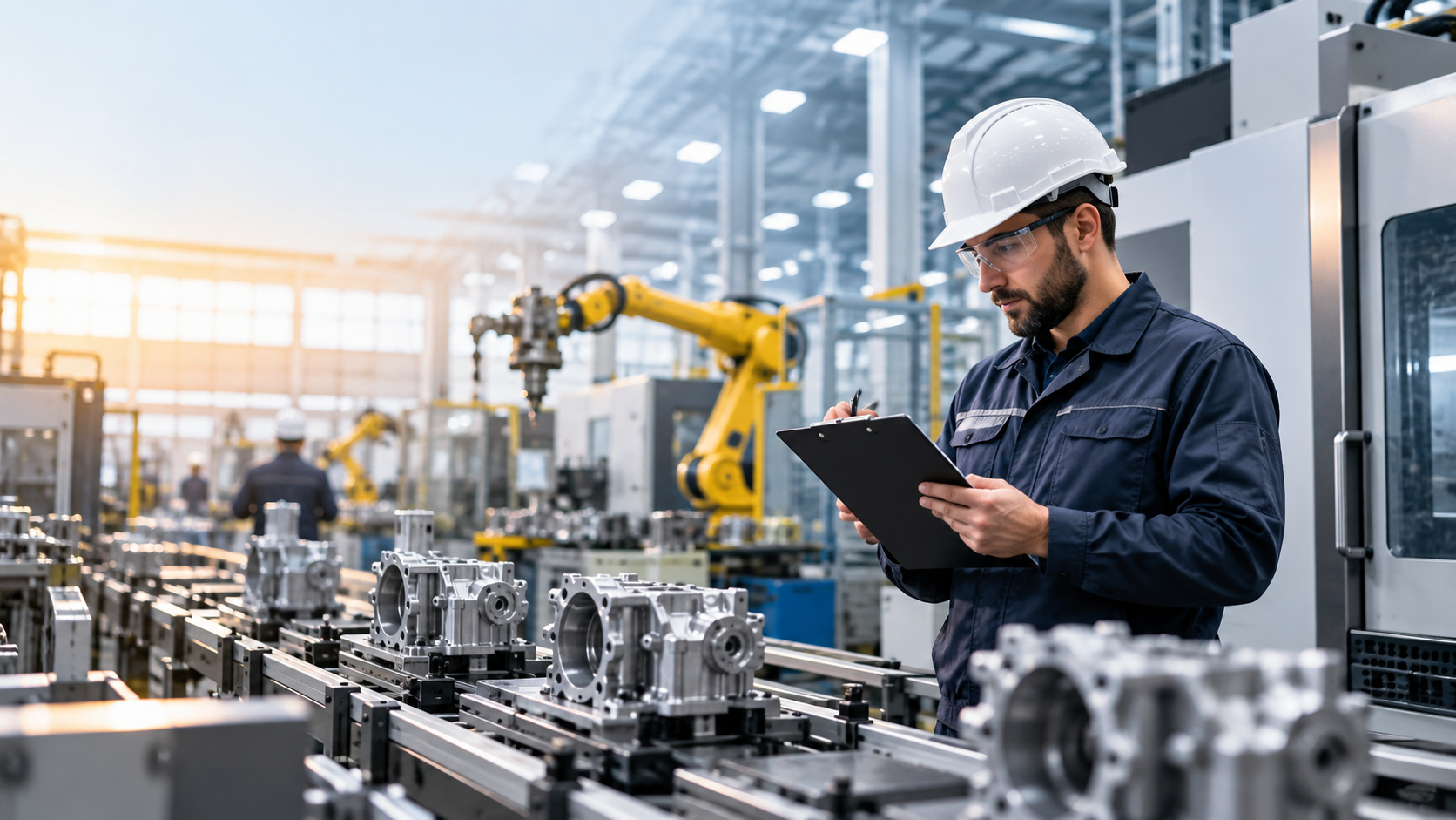 Factory worker reviewing a checklist beside manufacturing equipment