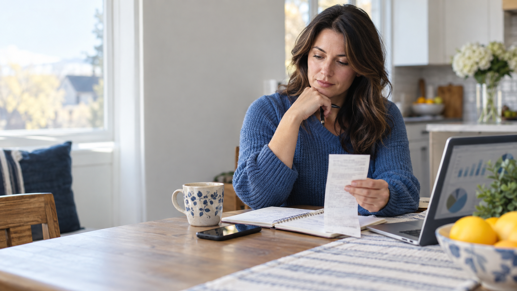 Woman reviewing a grocery receipt and household budget at a kitchen table