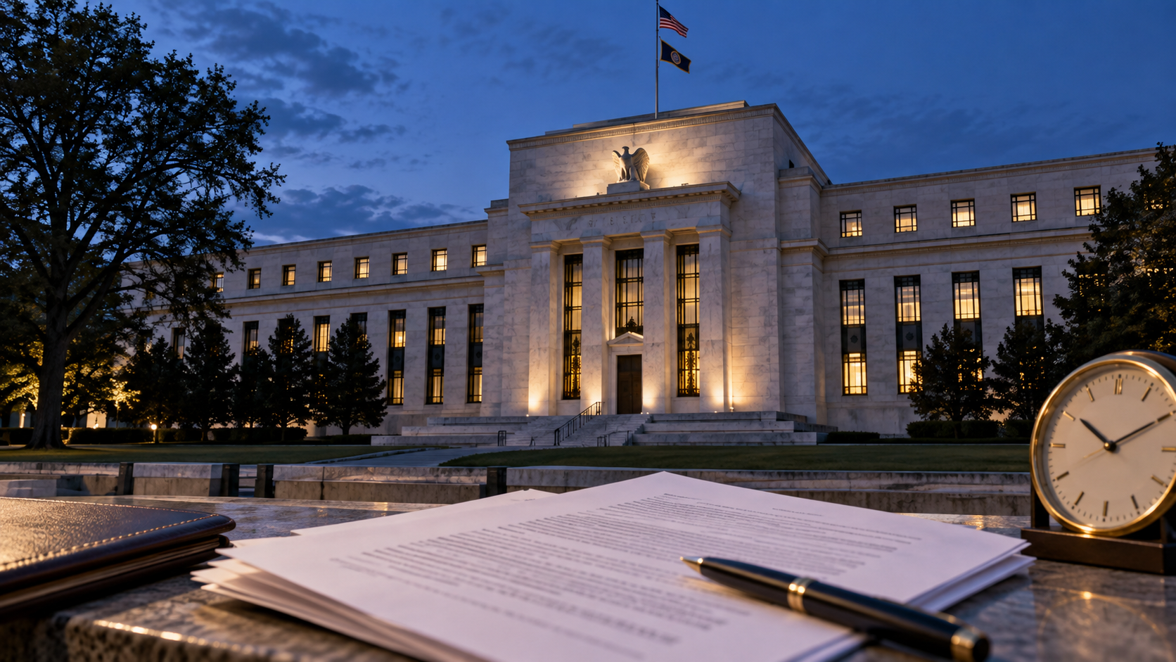 Federal Reserve building at dusk with policy document and clock