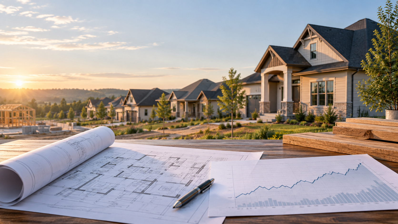 New suburban homes with blueprint and chart representing homebuilder earnings analysis