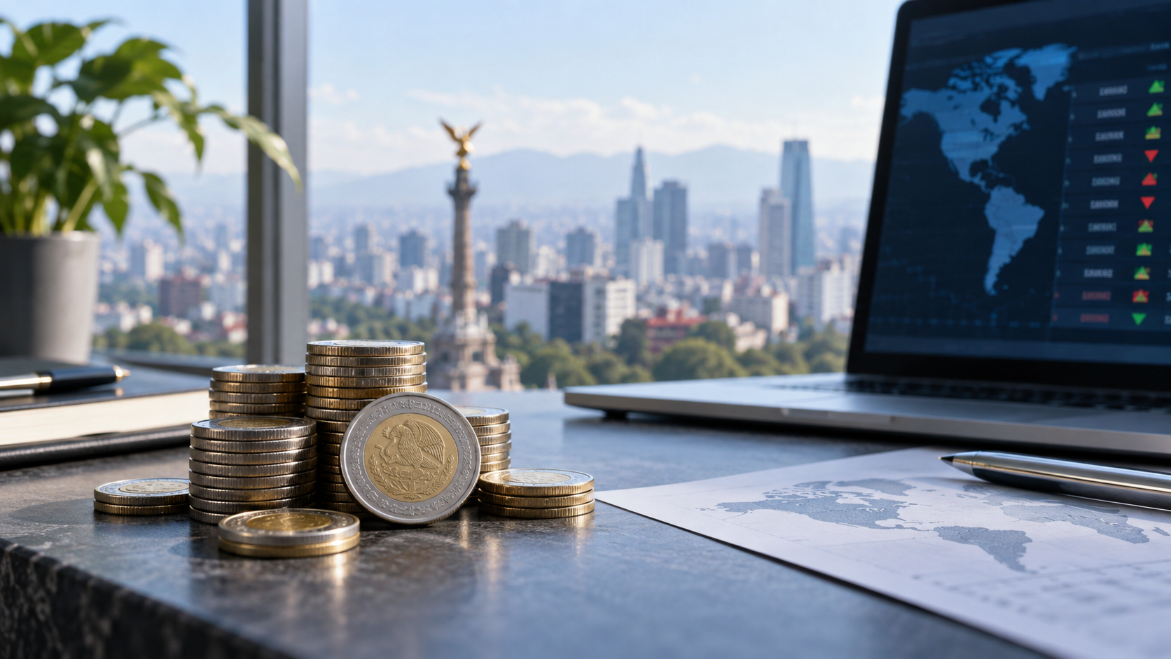 Illustration of Mexican peso coins and foreign-exchange research for a Banxico rate guide