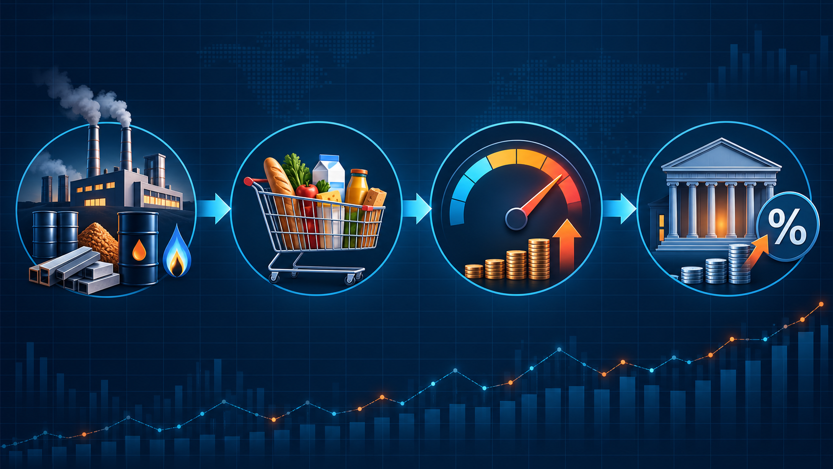 Diagram connecting factory costs, a consumer basket, inflation and central-bank interest rates
