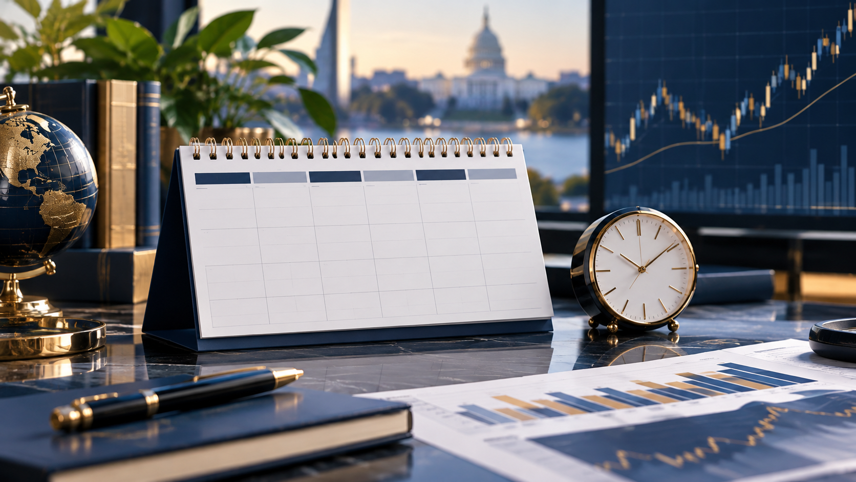 Weekly U.S. economic calendar with market chart and clock