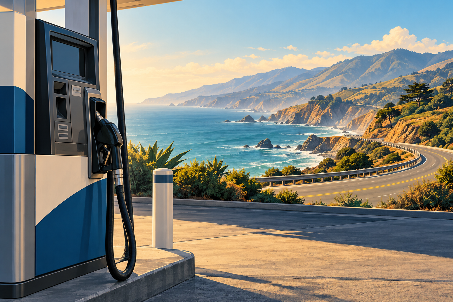 An unbranded gasoline pump beside a California coastal highway