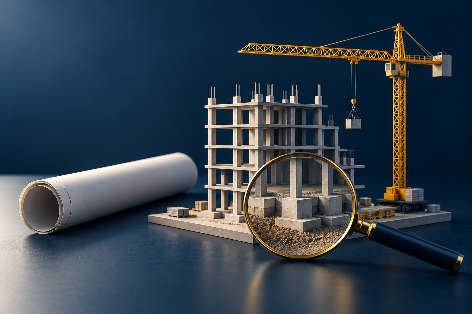 Conceptual construction site model with a crane and magnifying glass inspecting the foundation