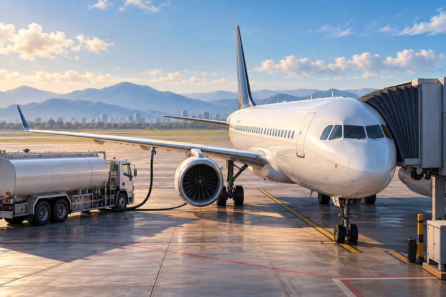 Conceptual illustration of an unbranded passenger airplane and fuel truck at an airport gate.