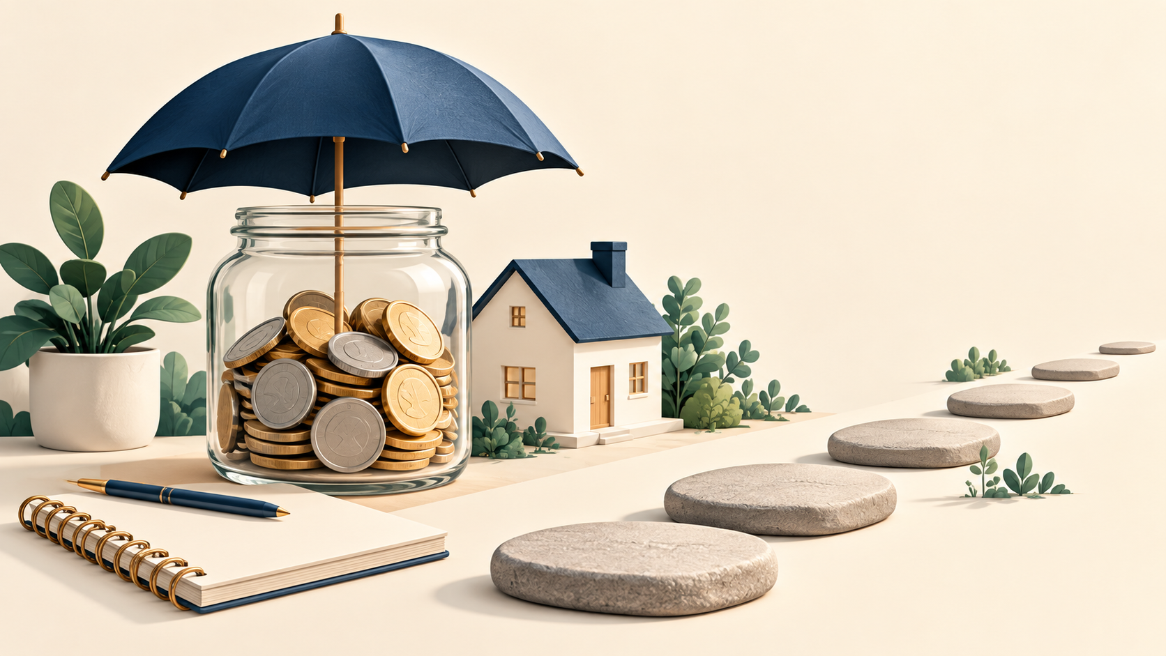 A coin jar protected by an umbrella beside a model house and stepping stones illustrating emergency cash runway.