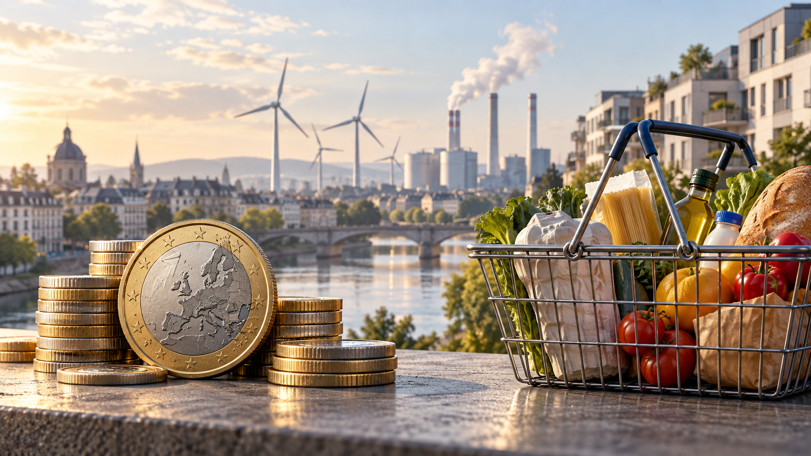 Conceptual illustration of euro coins, groceries and energy infrastructure