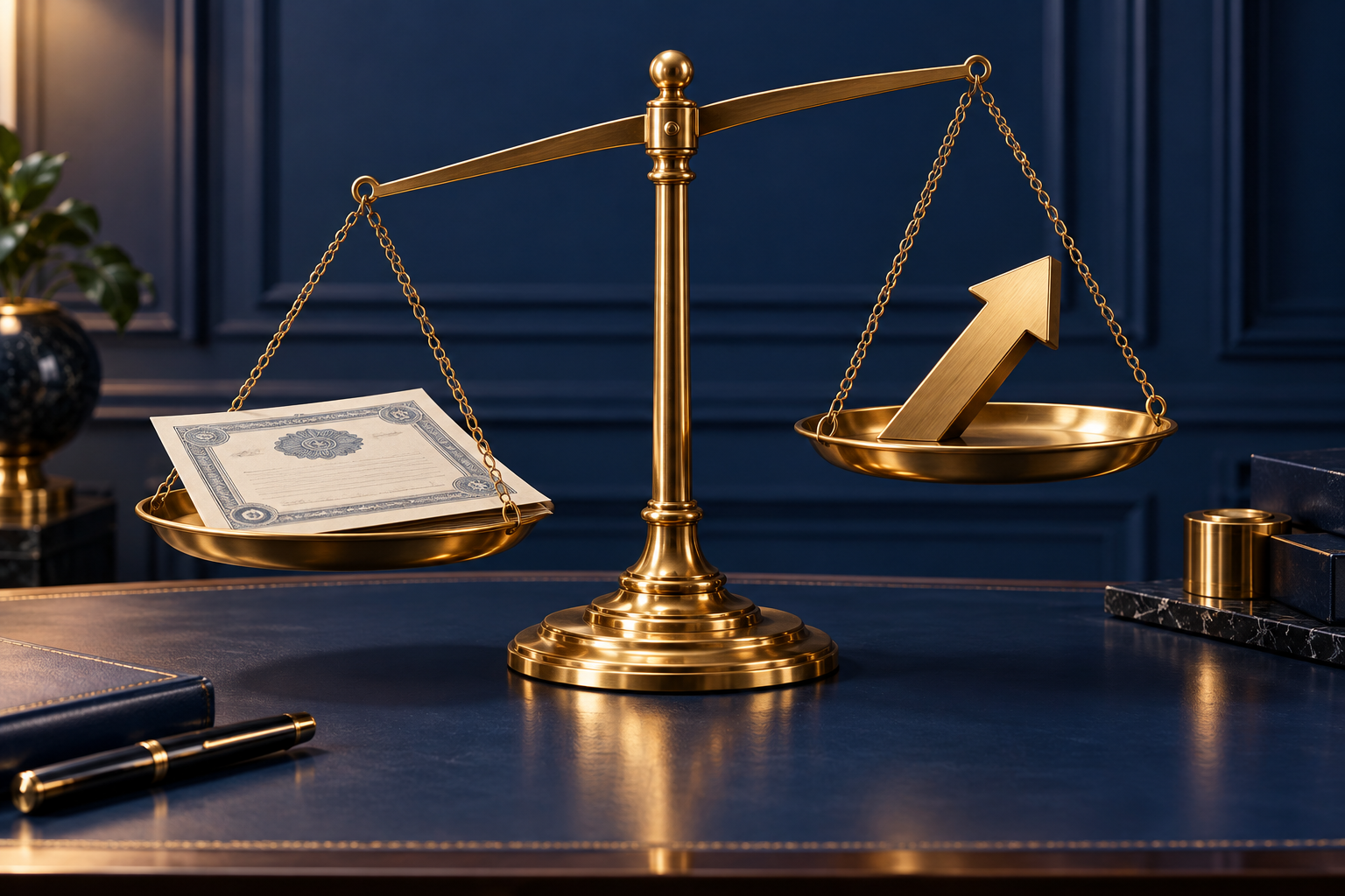 Brass balance with an unmarked bond document and an upward arrow