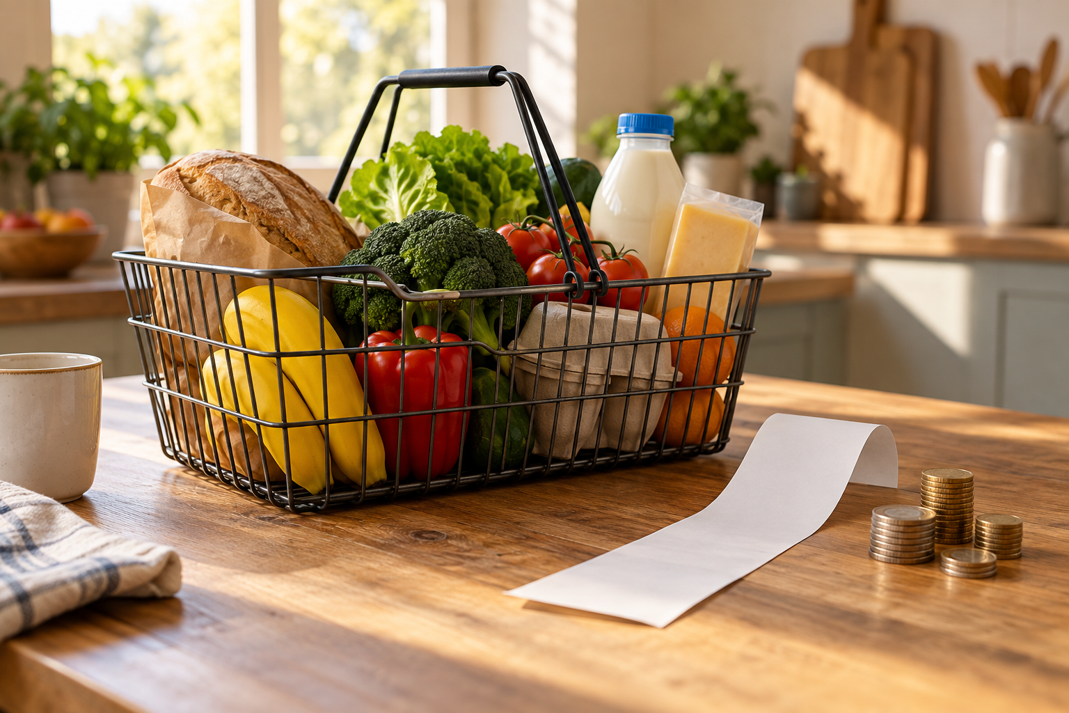 Unbranded groceries in a shopping basket beside a blank receipt and coins