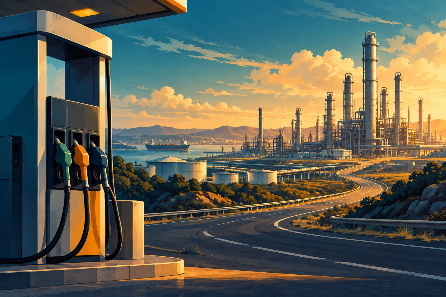 Conceptual illustration of an unbranded gas pump and refinery connected by a road.