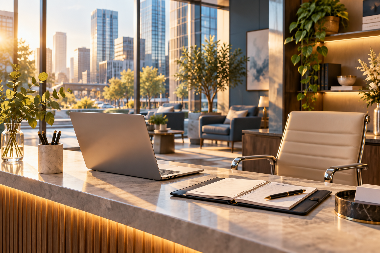 A service-business reception desk with a laptop, appointment notebook and empty chair.