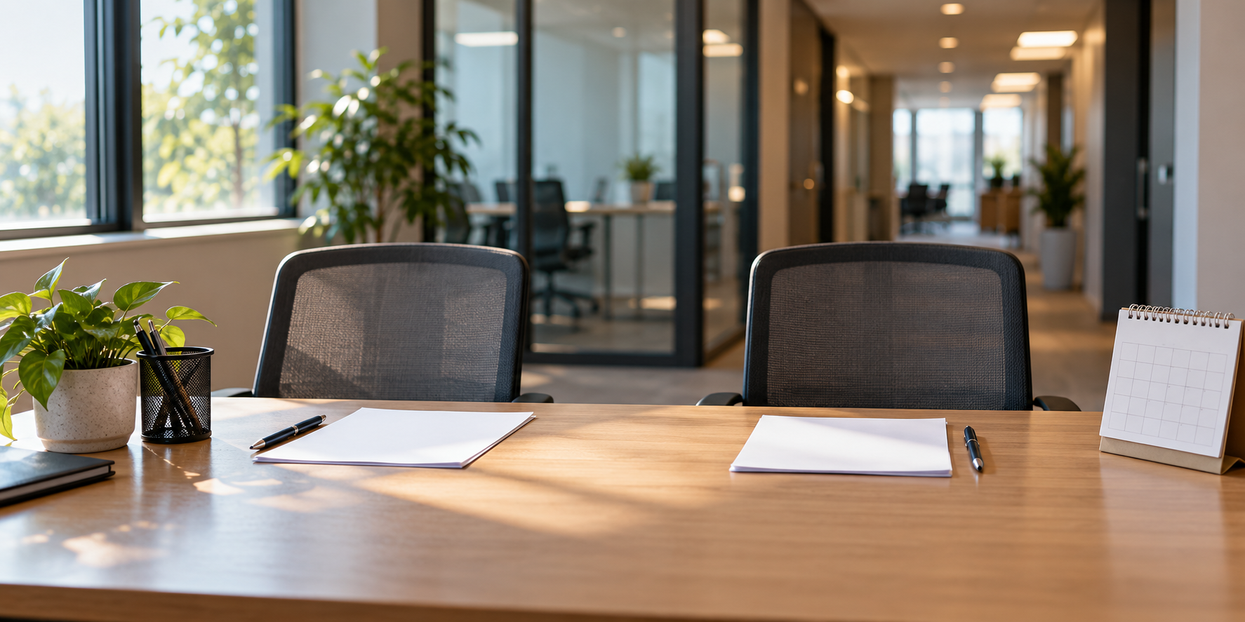 Conceptual hiring desk with two empty chairs and a blank calendar