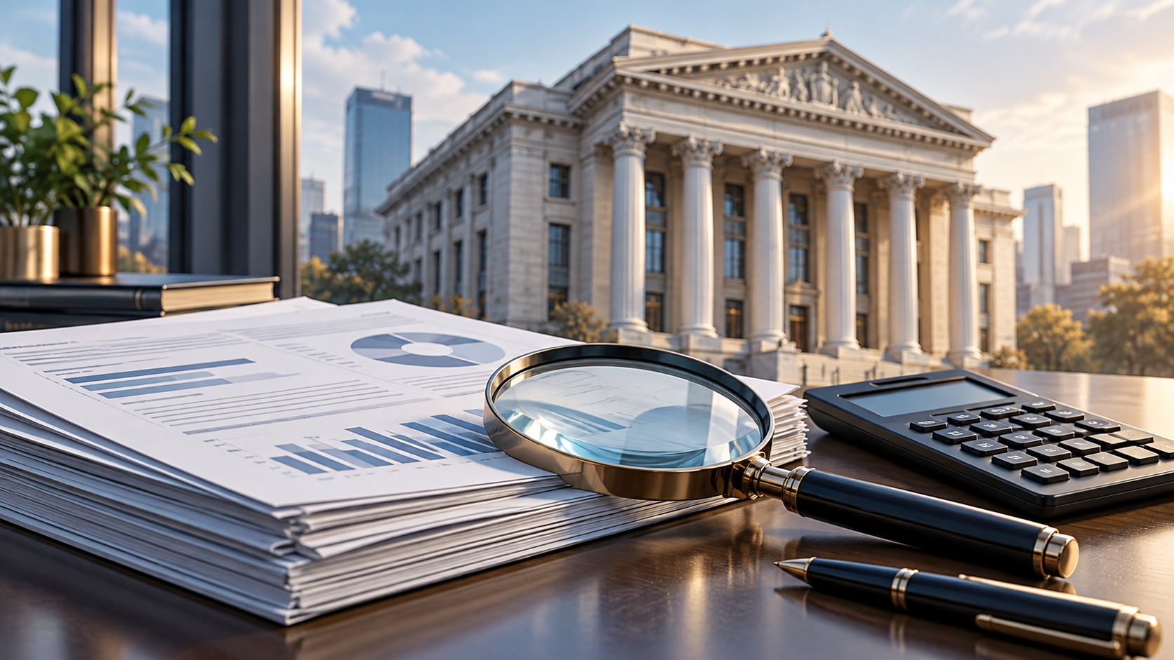 Conceptual illustration of a generic bank building, reports, magnifying glass and calculator