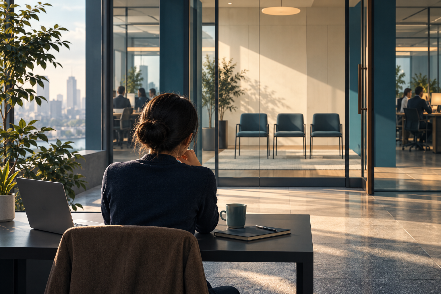 A job seeker at a laptop facing an office interview waiting area