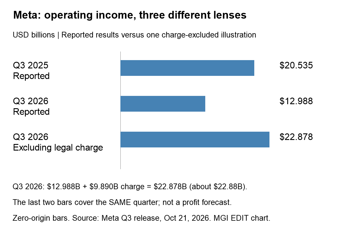 Meta operating income: Q3 2025 reported $20.535B; Q3 2026 reported $12.988B; same-quarter illustration excluding a $9.890B legal charge $22.878B. Not a forecast.