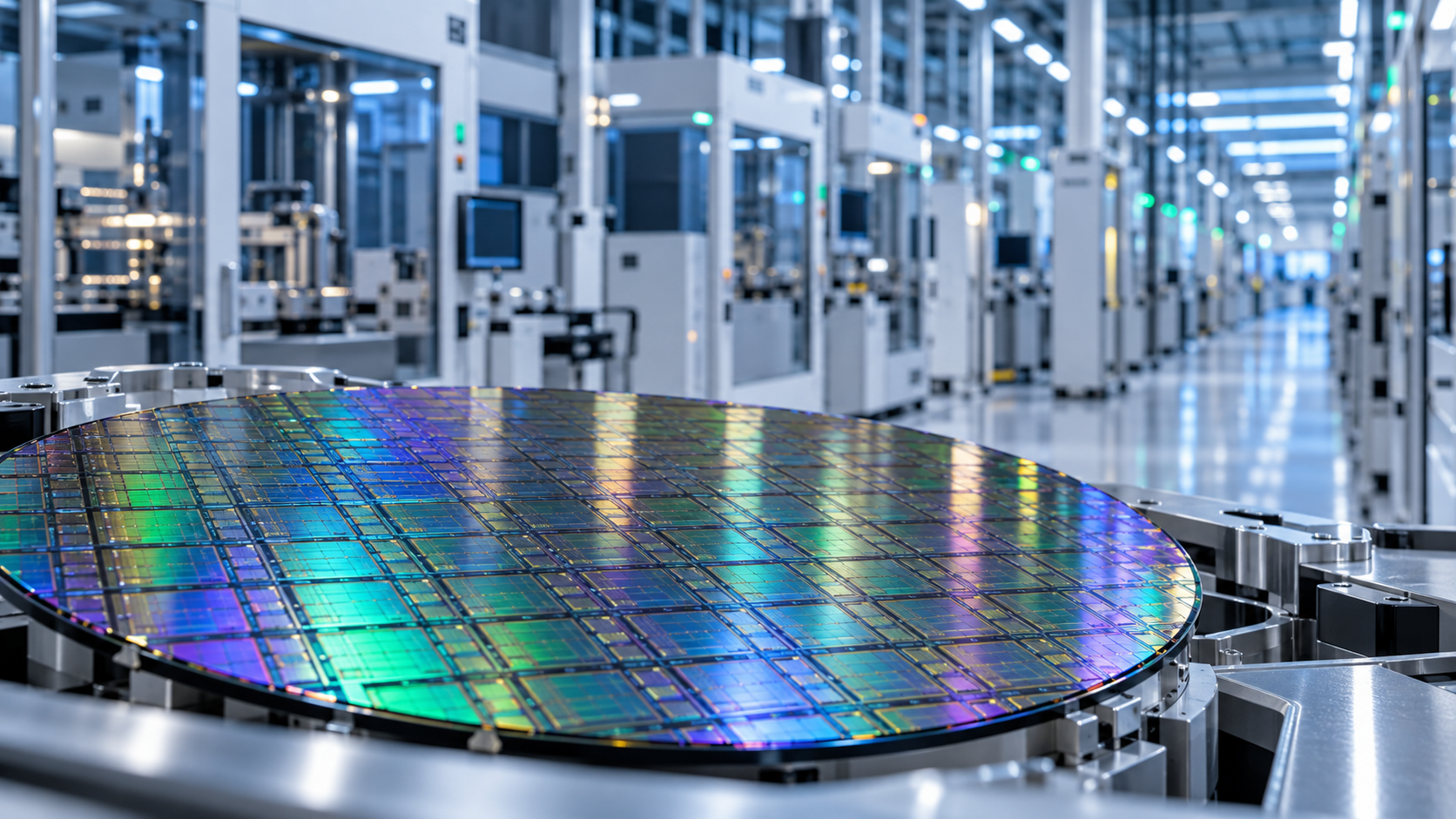 Conceptual illustration of a silicon wafer inside a semiconductor fabrication facility
