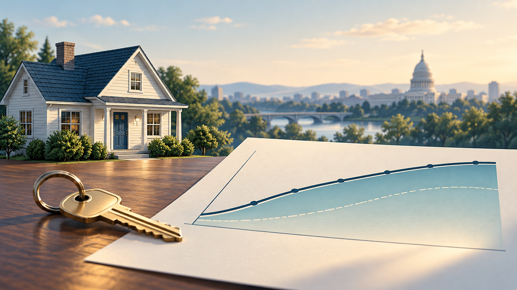 Conceptual illustration of a home, a key and a decorative rate curve