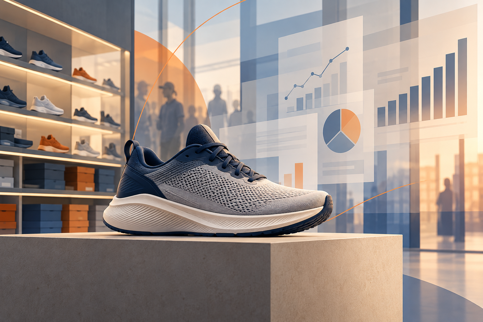 Unbranded running shoe and abstract retail financial charts illustrating Nike earnings analysis