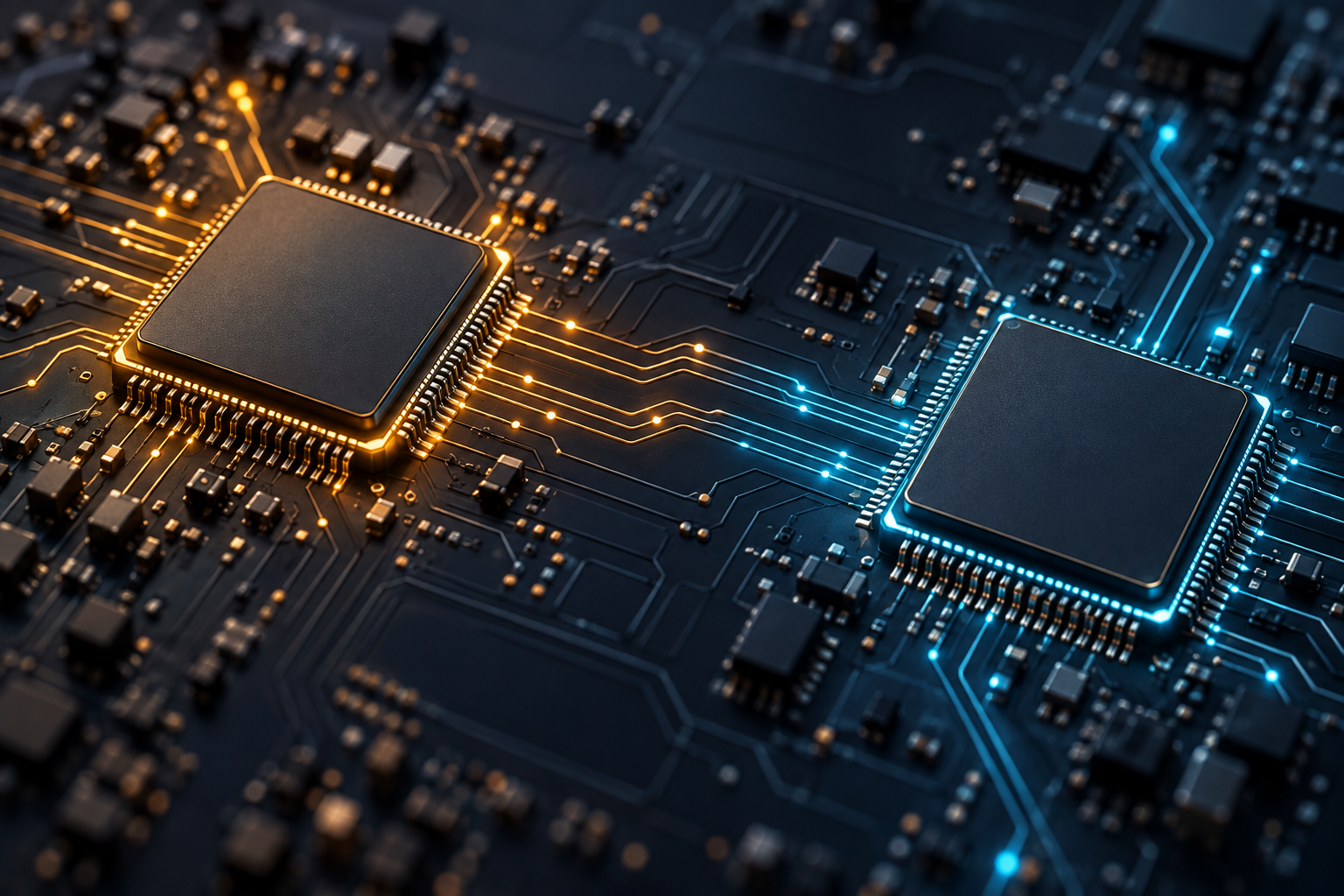 Two unbranded semiconductor chips connected by amber and blue circuit pathways