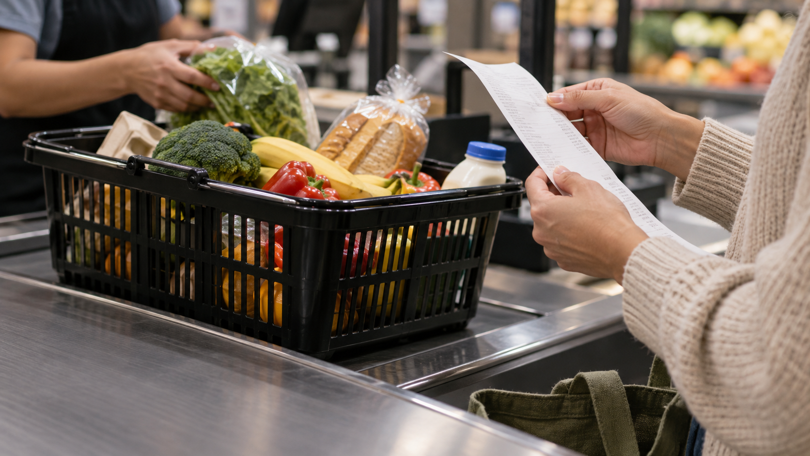 Conceptual grocery checkout scene with a basket and receipt illustrating consumer spending