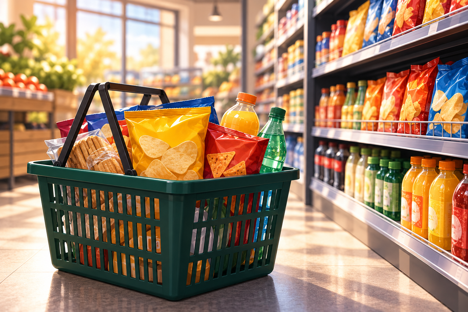 Conceptual illustration of a grocery basket with unbranded snacks and beverages for a consumer demand analysis.