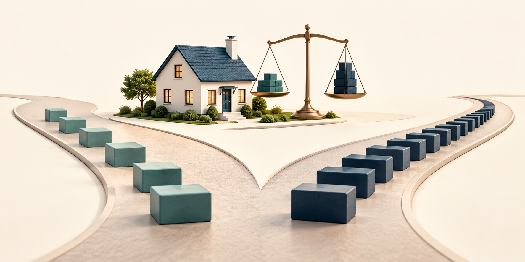 A model house, payment paths and balance scale illustrating mortgage payment savings versus remaining debt.
