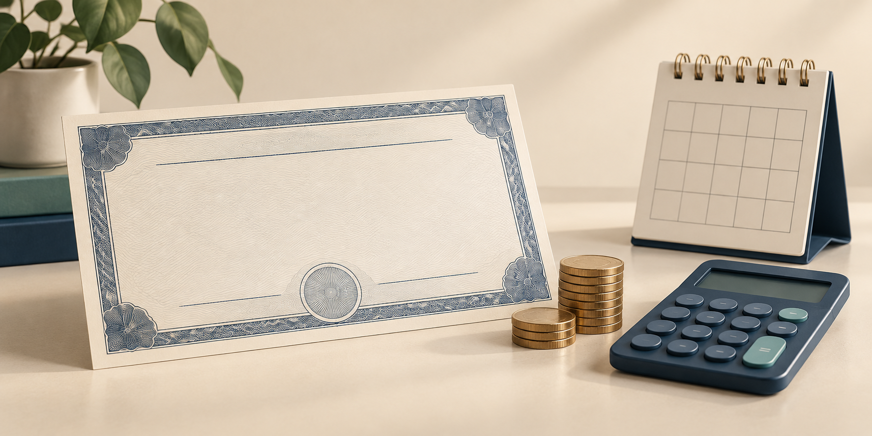 Conceptual blank bond document, coins, calendar and calculator illustrating Treasury bill dollar returns.
