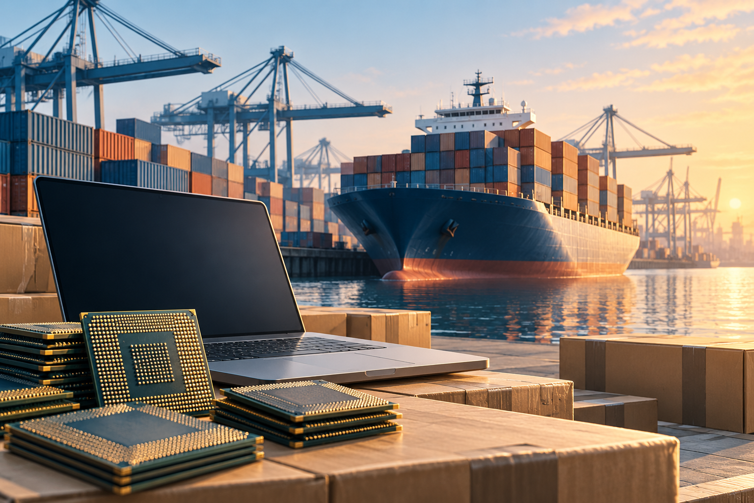 A container ship and port cranes with computer chips and a laptop in the foreground
