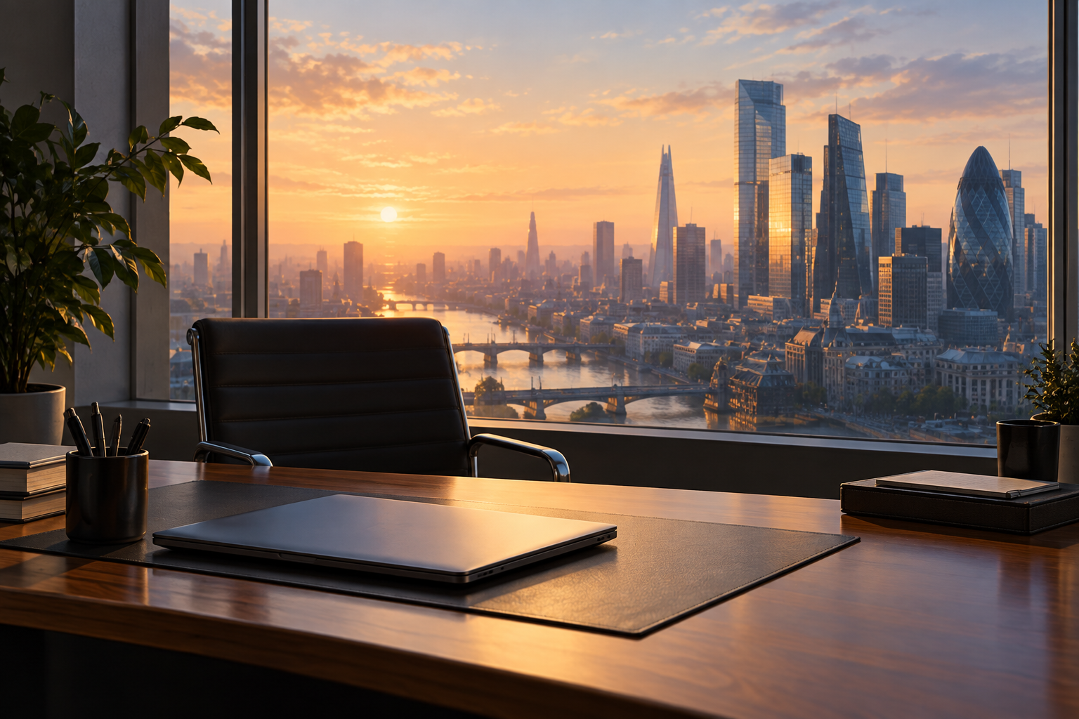 An empty office desk and closed laptop overlooking a financial district